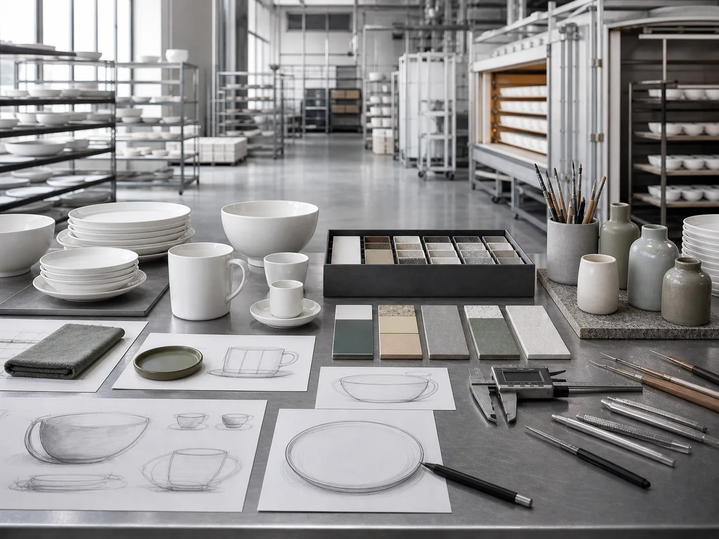 Modern ceramic factory lab with porcelain forms, glaze tiles, sketches, and measuring tools