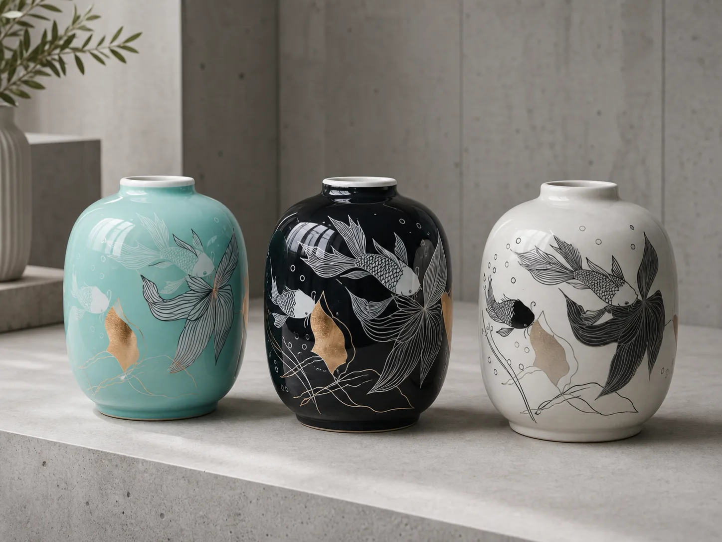 Custom porcelain vases with hand-painted fish motifs in turquoise, black, and white