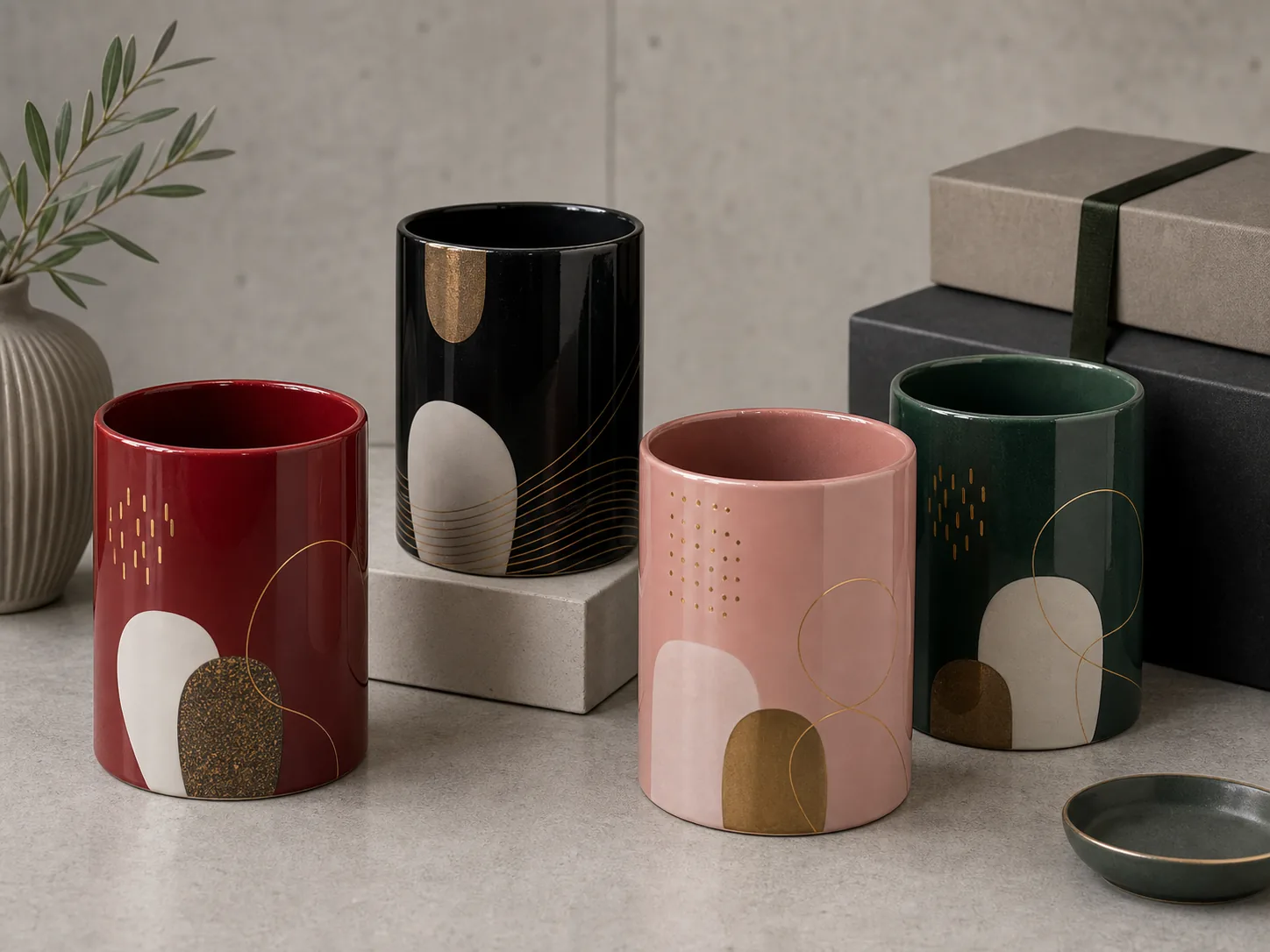 Decorative ceramic mugs in burgundy, black, pink, and green with gold abstract motifs
