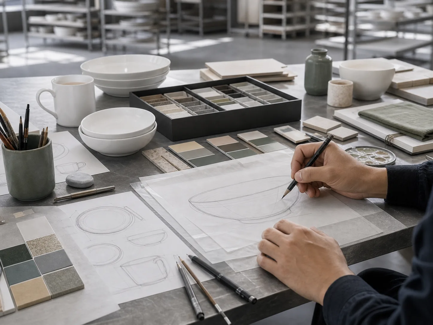 Ceramic development table with hand-drawn outlines, porcelain samples, and glaze swatches