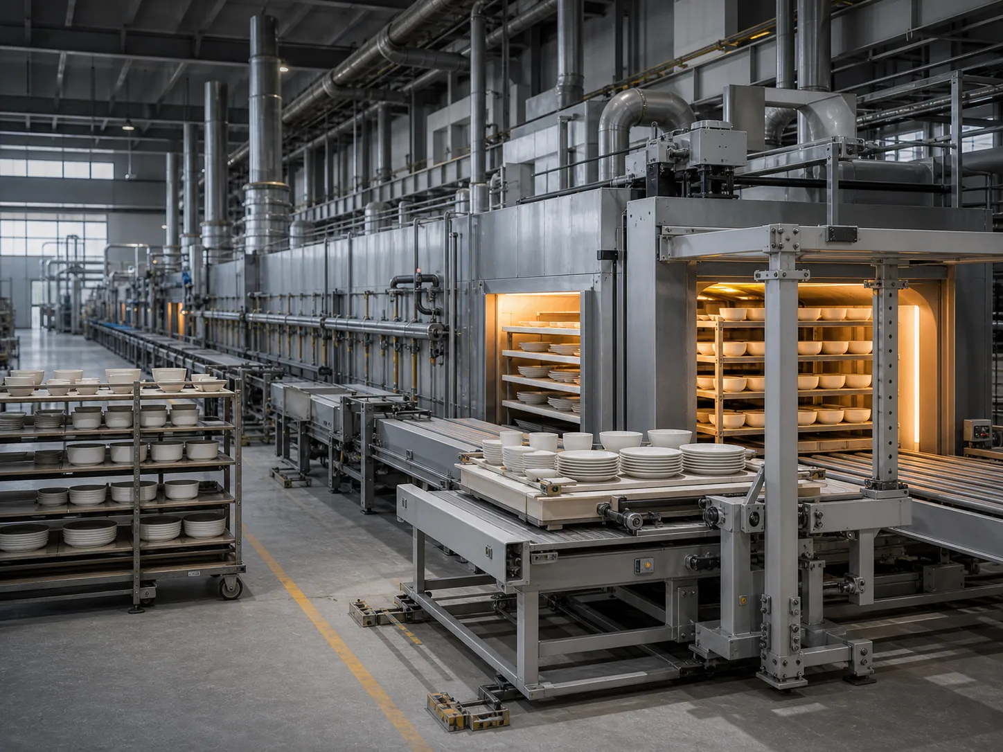 Automated ceramic kiln line with conveyor handling and porcelain tableware in production