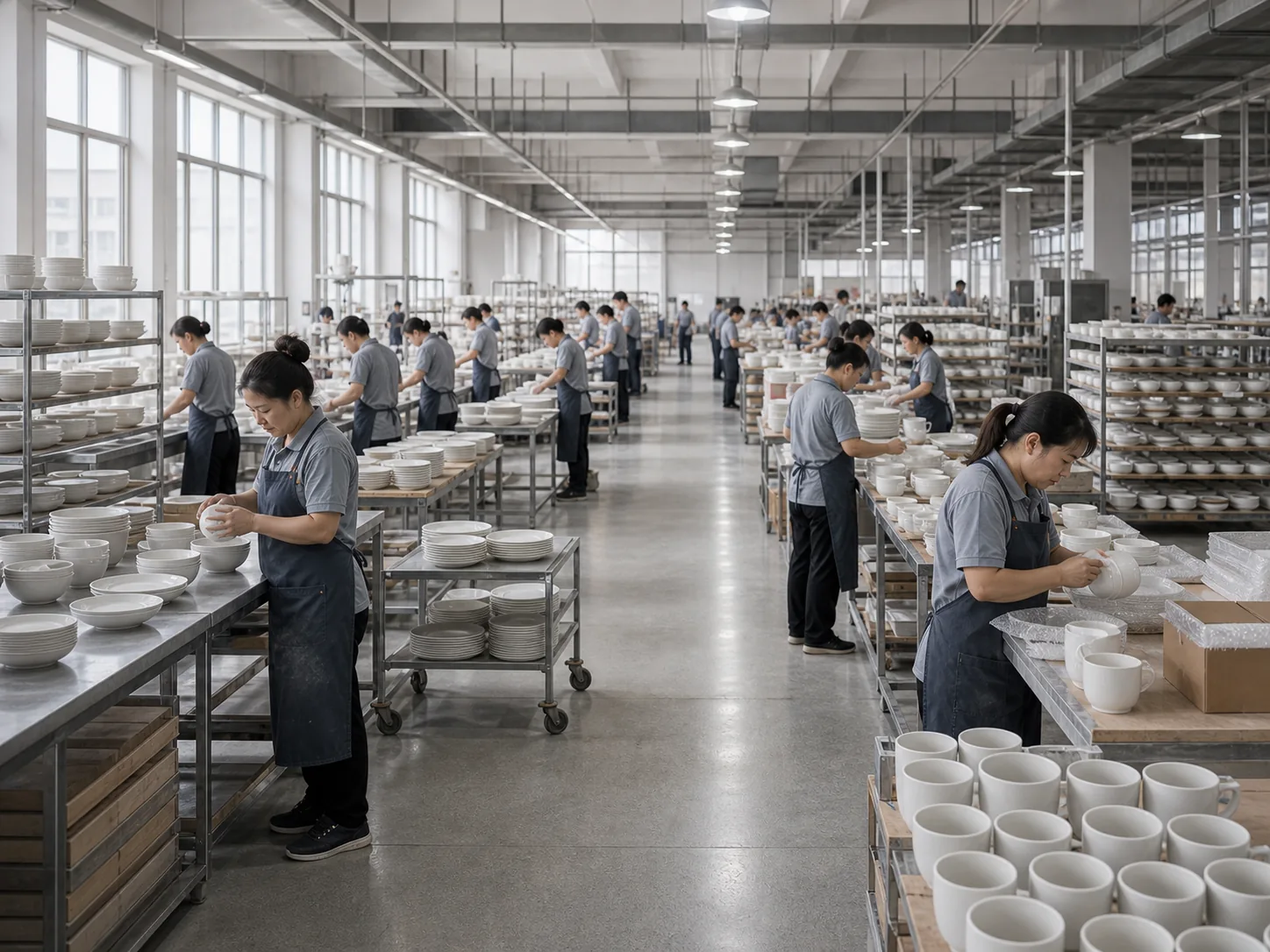 Large Liling ceramic workshop with skilled workers inspecting and handling porcelain tableware