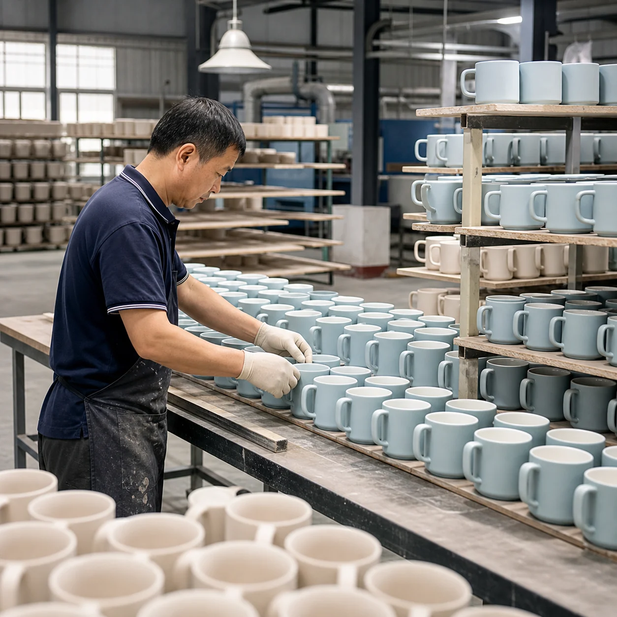 Skilled ceramic worker arranging rows of mugs in a clean Liling production workshop