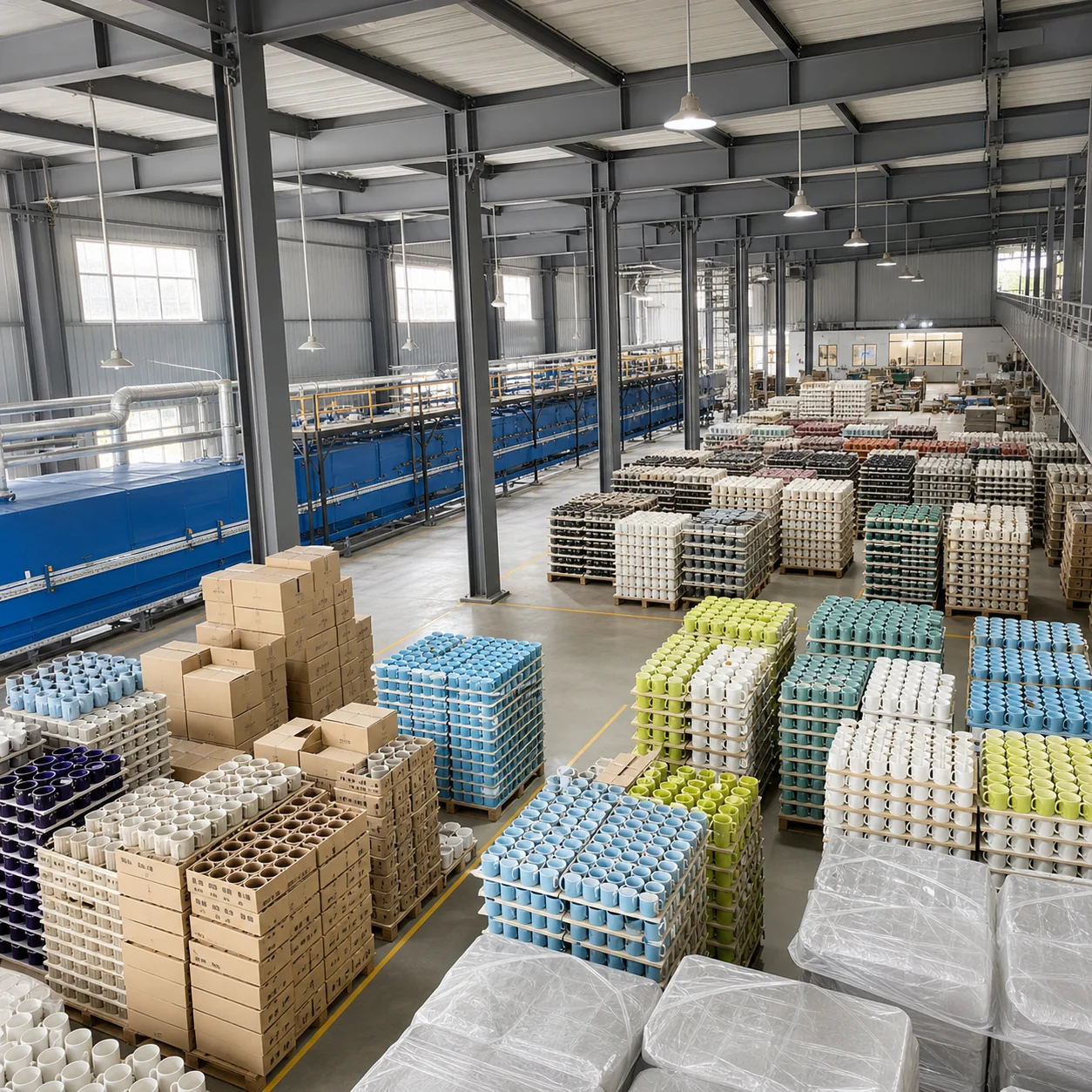 Organized Liling ceramic factory workshop with mug trays cartons conveyor line and skilled production teams