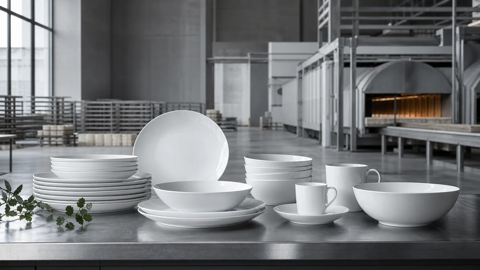 Porcelain tableware on an industrial worktable inside a ceramic facility