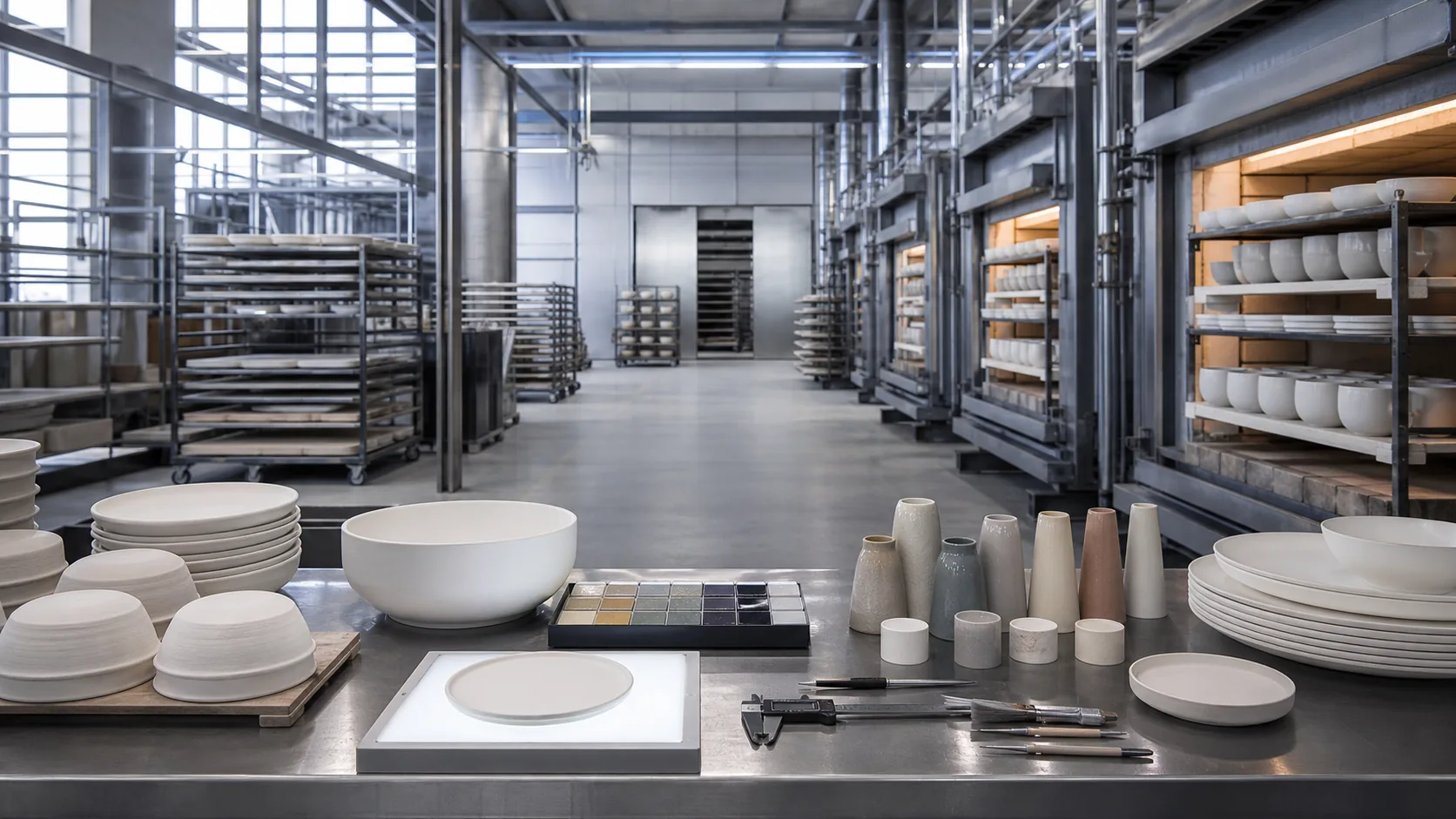 Clean ceramic production and quality inspection scene
