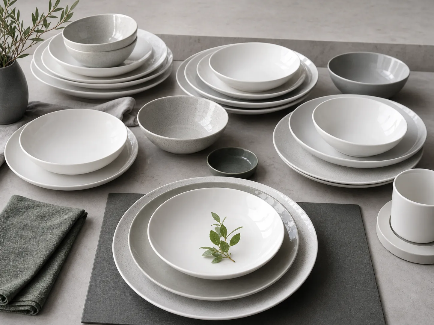 Coordinated ceramic dinner plates and bowls for retail and hospitality
