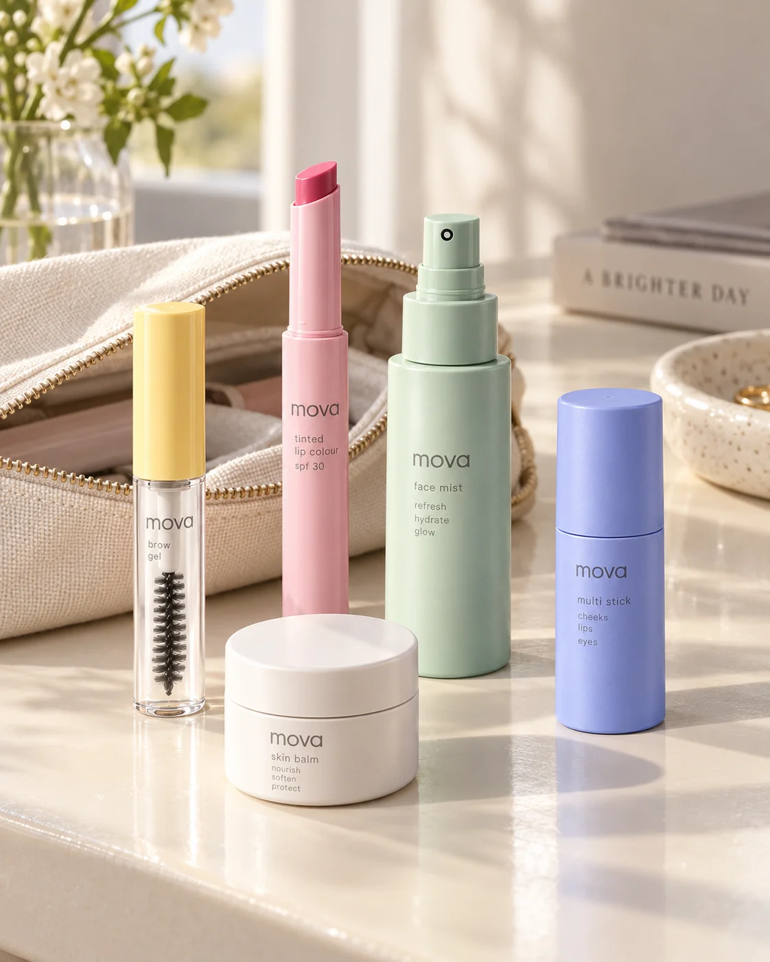 A colourful coordinated family of portable mist, stick, mascara and jar formats