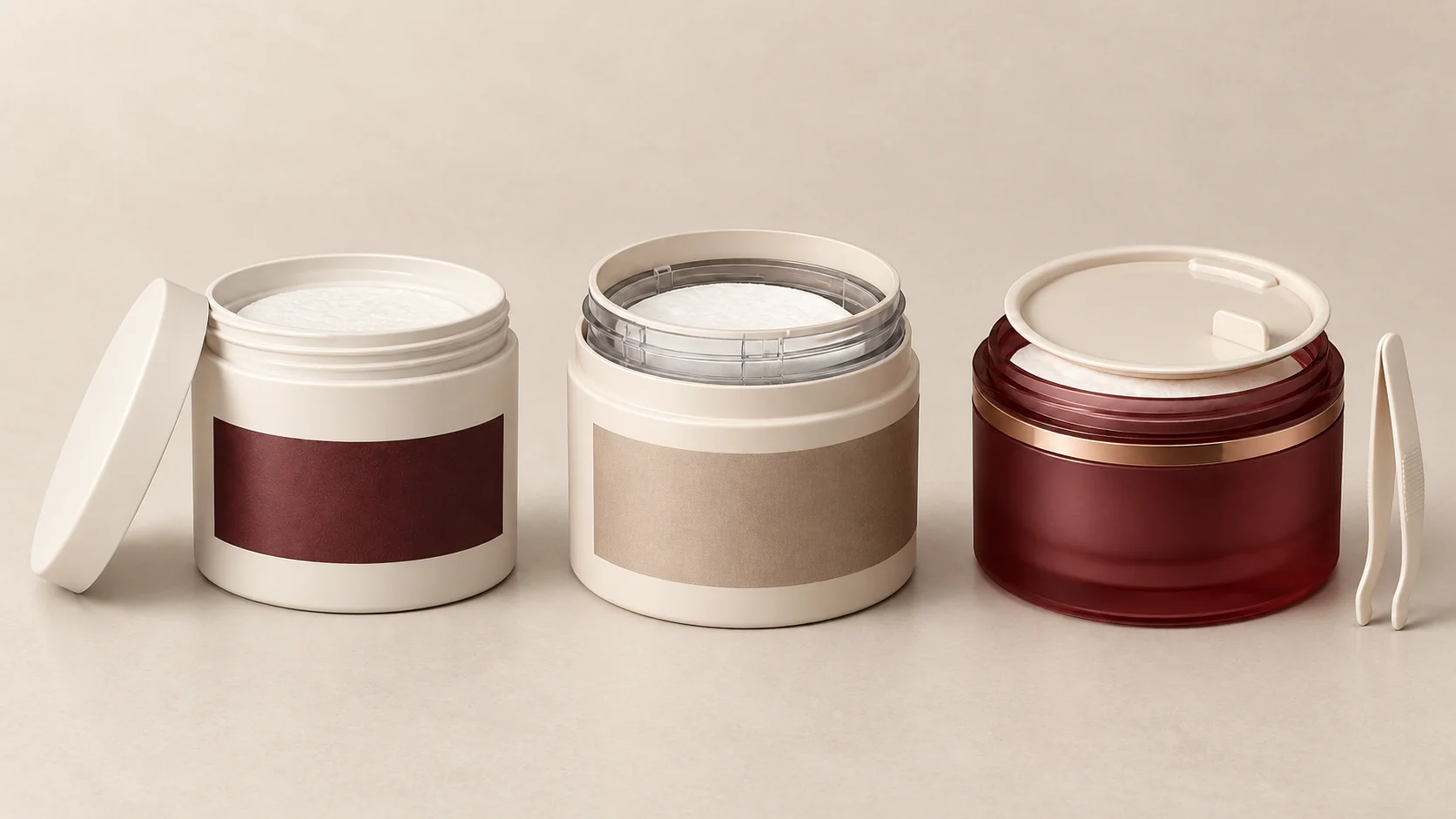 Premium cosmetic-pad jar platform in warm ivory, oxblood and bronze