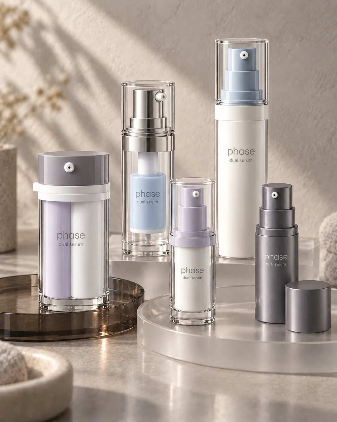A coordinated collection of dual-chamber and airless skincare systems