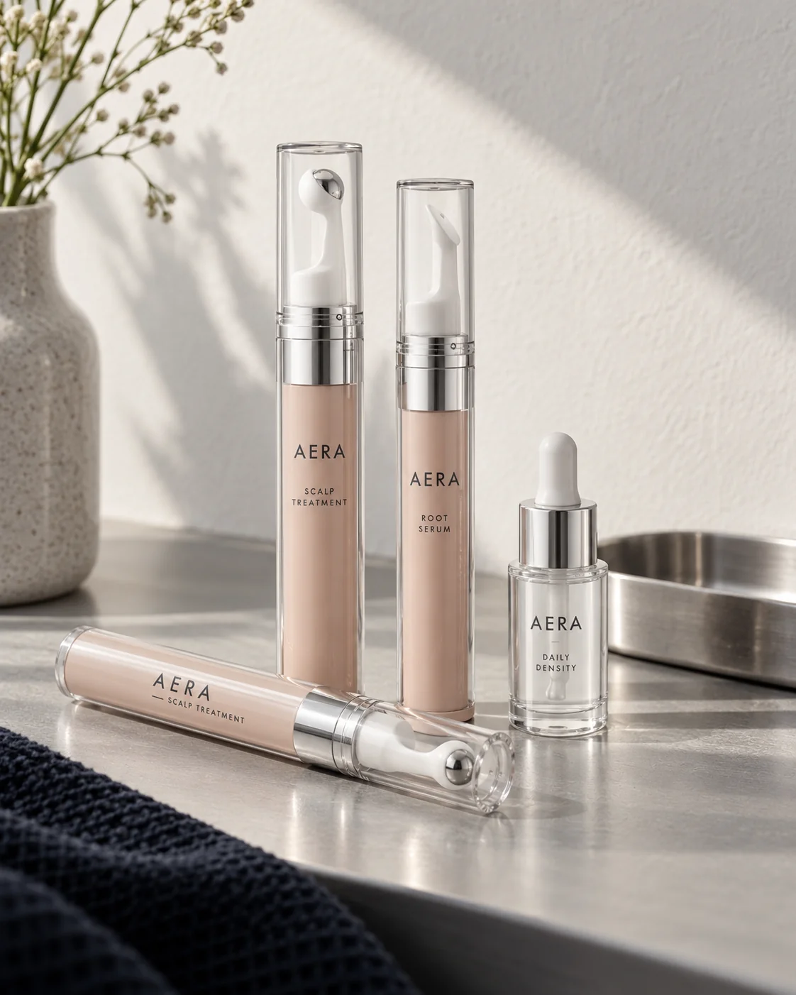 A premium AERA scalp-care campaign featuring a precision dropper, roller and targeted applicator formats