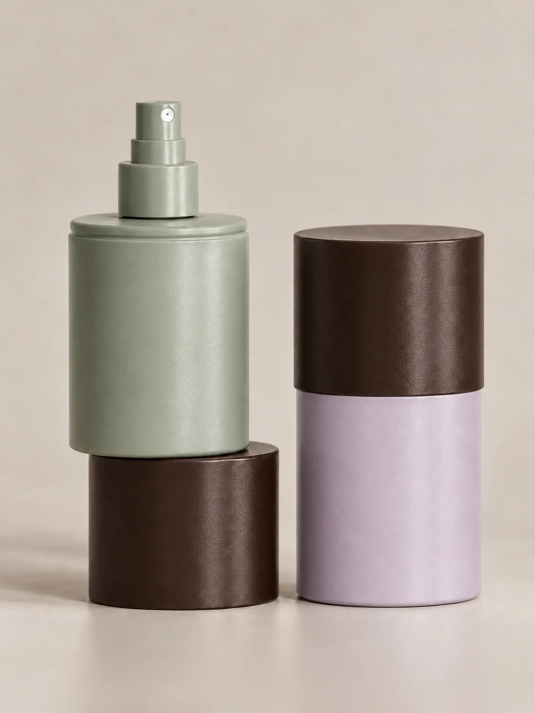 Sage and espresso body and hair mist formats with uninterrupted color through the bottle and pump