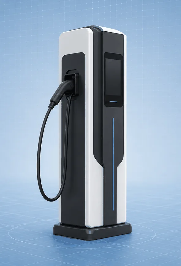 Liquid-cooled EV charging terminal side view for high-output charging station