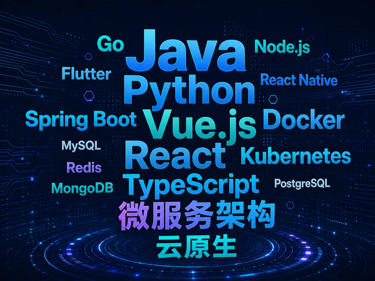 Java、Python、Vue.js、React、Spring Boot、Docker、Kubernetes、TypeScript、微服务架构、云原生等技术栈词云